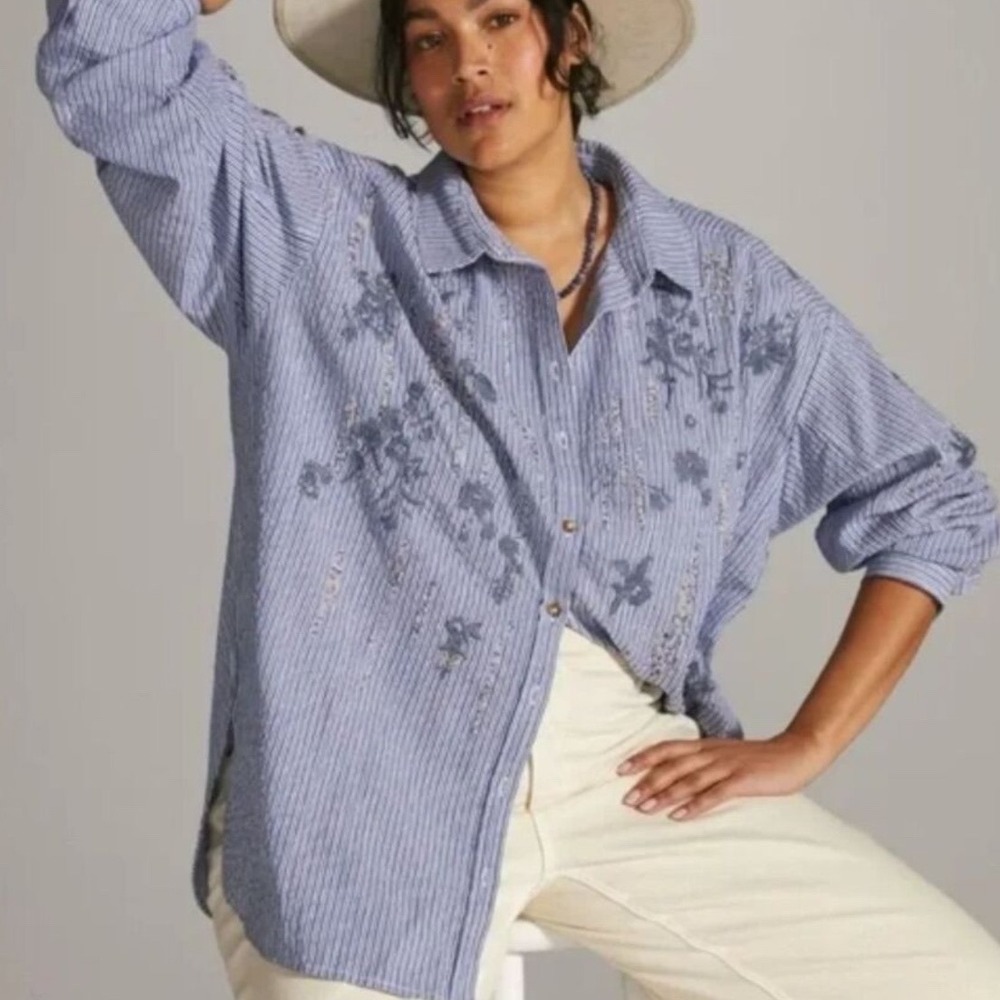 NEW Anthropologie XS Pilcro Embroidered Beaded Striped Shirt Shirt Blue White